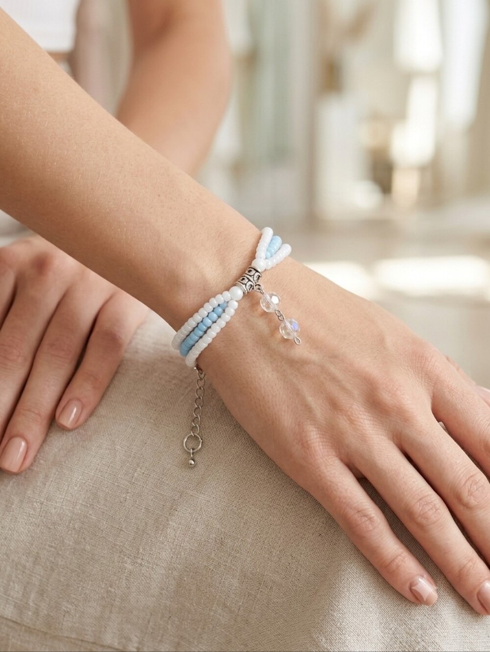 Handcrafted Light Blue And White Glass Bead Bracelet